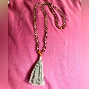 Beautiful Handmade OM Jewelry Beaded Necklace with Gray Silk Tassel